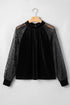 Sheer Lace Velvet Patchwork Stand Neck Long Sleeve Blouse