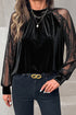 Sheer Lace Velvet Patchwork Stand Neck Long Sleeve Blouse