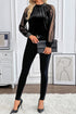 Sheer Lace Velvet Patchwork Stand Neck Long Sleeve Blouse