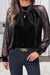 Sheer Lace Velvet Patchwork Stand Neck Long Sleeve Blouse