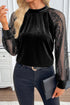 Sheer Lace Velvet Patchwork Stand Neck Long Sleeve Blouse
