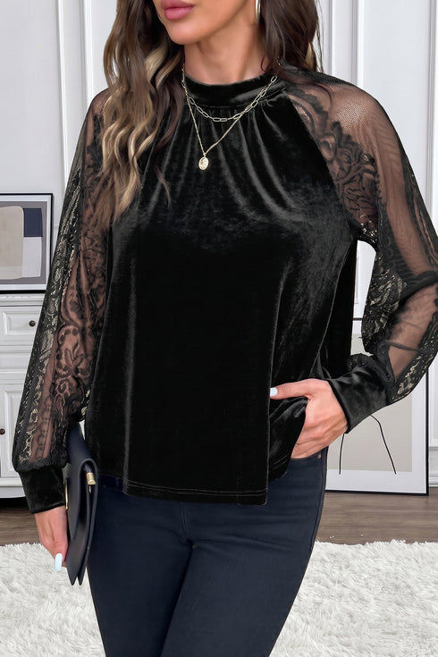 Sheer Lace Velvet Patchwork Stand Neck Long Sleeve Blouse