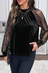 Sheer Lace Velvet Patchwork Stand Neck Long Sleeve Blouse
