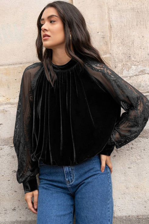 Sheer Lace Velvet Patchwork Stand Neck Long Sleeve Blouse