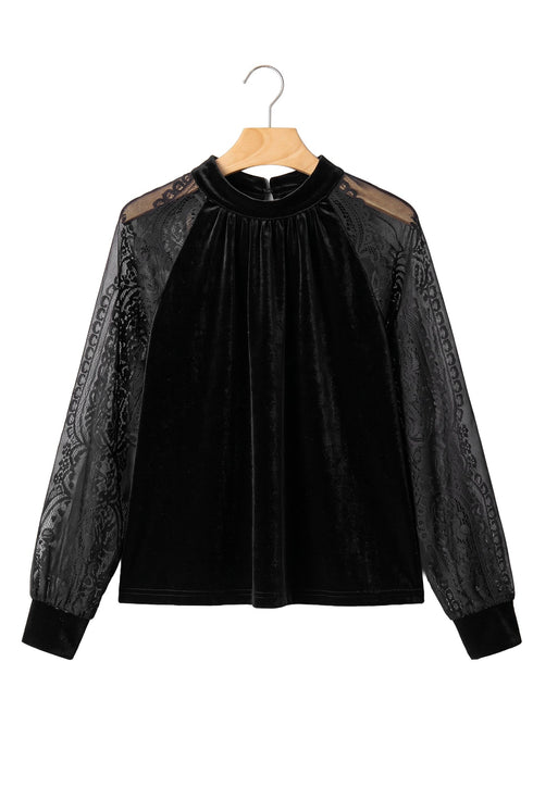 Sheer Lace Velvet Patchwork Stand Neck Long Sleeve Blouse