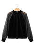 Sheer Lace Velvet Patchwork Stand Neck Long Sleeve Blouse
