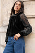 Sheer Lace Velvet Patchwork Stand Neck Long Sleeve Blouse