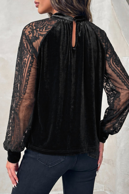 Sheer Lace Velvet Patchwork Stand Neck Long Sleeve Blouse