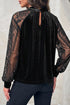 Sheer Lace Velvet Patchwork Stand Neck Long Sleeve Blouse
