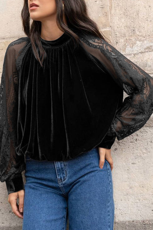 Sheer Lace Velvet Patchwork Stand Neck Long Sleeve Blouse