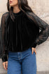 Sheer Lace Velvet Patchwork Stand Neck Long Sleeve Blouse