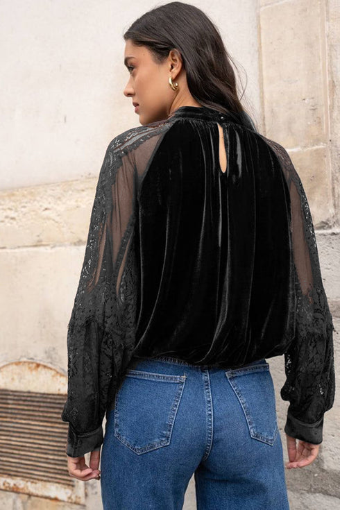 Sheer Lace Velvet Patchwork Stand Neck Long Sleeve Blouse