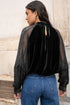 Sheer Lace Velvet Patchwork Stand Neck Long Sleeve Blouse