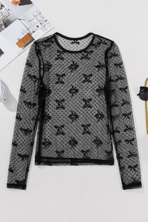 Sheer Mesh Bow Pattern Long Sleeve Layering Top