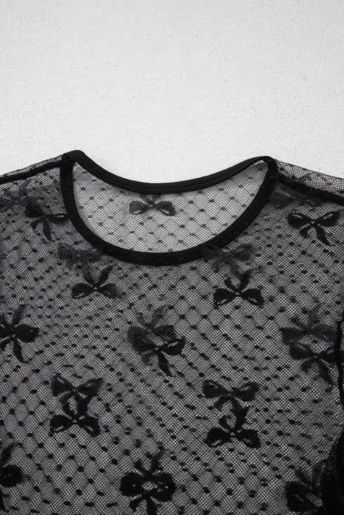 Sheer Mesh Bow Pattern Long Sleeve Layering Top