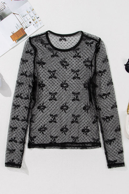 Sheer Mesh Bow Pattern Long Sleeve Layering Top