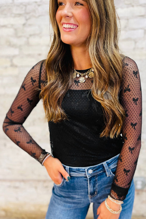 Sheer Mesh Bow Pattern Long Sleeve Layering Top