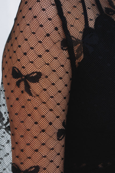 Sheer Mesh Bow Pattern Long Sleeve Layering Top