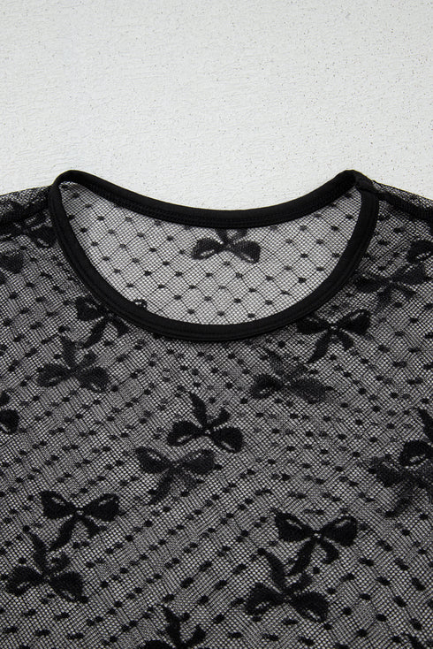 Sheer Mesh Bow Pattern Long Sleeve Layering Top