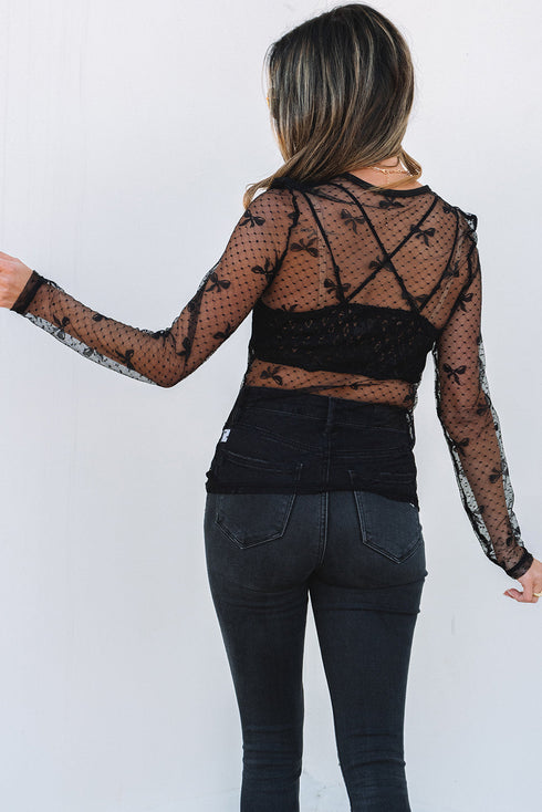 Sheer Mesh Bow Pattern Long Sleeve Layering Top