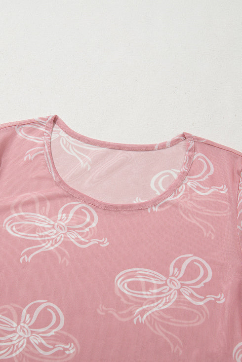 Sheer Mesh Bow Print Round Neck Long Sleeve Top