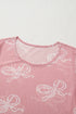 Sheer Mesh Bow Print Round Neck Long Sleeve Top