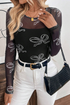 Sheer Mesh Bow Print Round Neck Long Sleeve Top