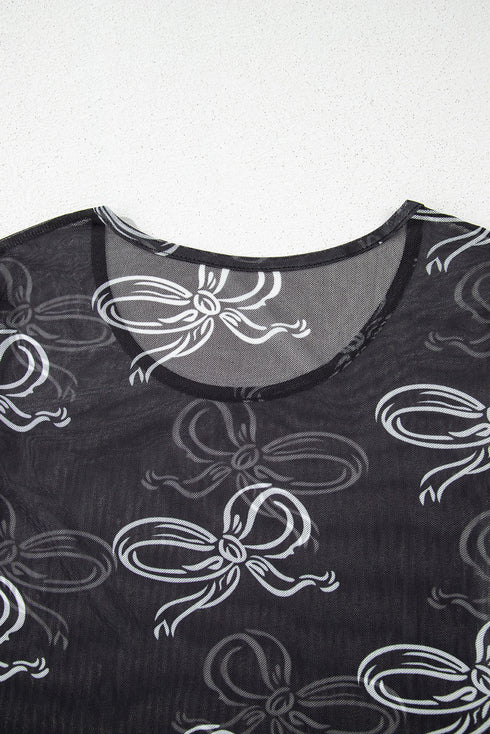 Sheer Mesh Bow Print Round Neck Long Sleeve Top