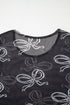 Sheer Mesh Bow Print Round Neck Long Sleeve Top