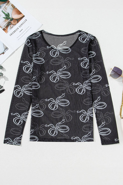 Sheer Mesh Bow Print Round Neck Long Sleeve Top