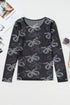 Sheer Mesh Bow Print Round Neck Long Sleeve Top