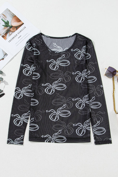 Sheer Mesh Bow Print Round Neck Long Sleeve Top