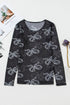 Sheer Mesh Bow Print Round Neck Long Sleeve Top