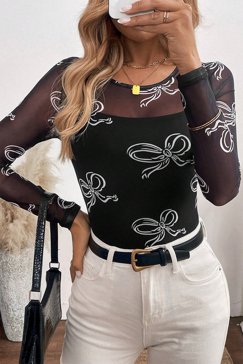 Sheer Mesh Bow Print Round Neck Long Sleeve Top