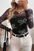 Sheer Mesh Bow Print Round Neck Long Sleeve Top