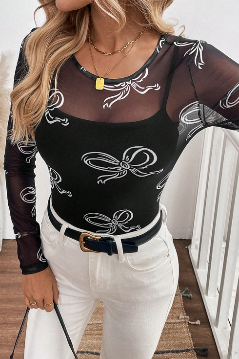 Sheer Mesh Bow Print Round Neck Long Sleeve Top