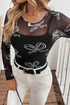 Sheer Mesh Bow Print Round Neck Long Sleeve Top