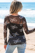 Sheer Mesh Bow Print Round Neck Long Sleeve Top
