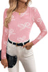 Sheer Mesh Bow Print Round Neck Long Sleeve Top
