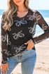 Sheer Mesh Bow Print Round Neck Long Sleeve Top