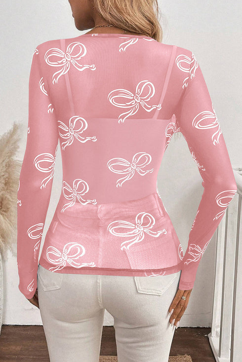 Sheer Mesh Bow Print Round Neck Long Sleeve Top
