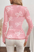Sheer Mesh Bow Print Round Neck Long Sleeve Top