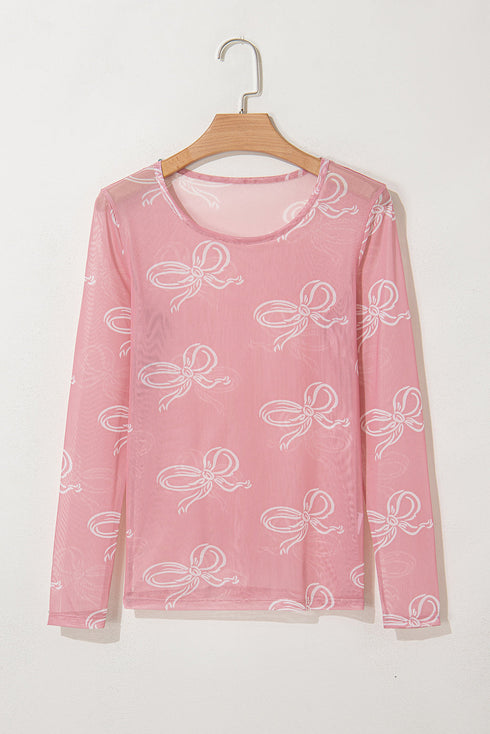 Sheer Mesh Bow Print Round Neck Long Sleeve Top