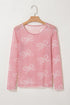 Sheer Mesh Bow Print Round Neck Long Sleeve Top