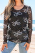 Sheer Mesh Bow Print Round Neck Long Sleeve Top