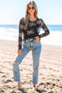 Sheer Mesh Bow Print Round Neck Long Sleeve Top
