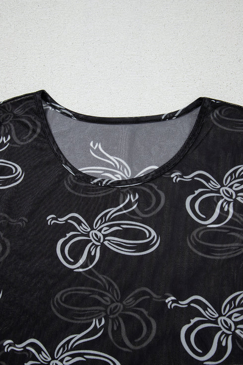 Sheer Mesh Bow Print Round Neck Long Sleeve Top