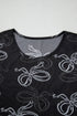 Sheer Mesh Bow Print Round Neck Long Sleeve Top