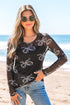 Sheer Mesh Bow Print Round Neck Long Sleeve Top