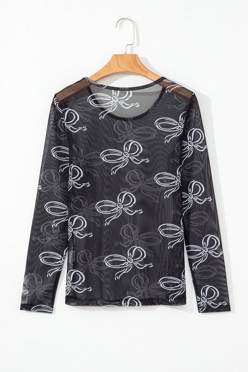 Sheer Mesh Bow Print Round Neck Long Sleeve Top